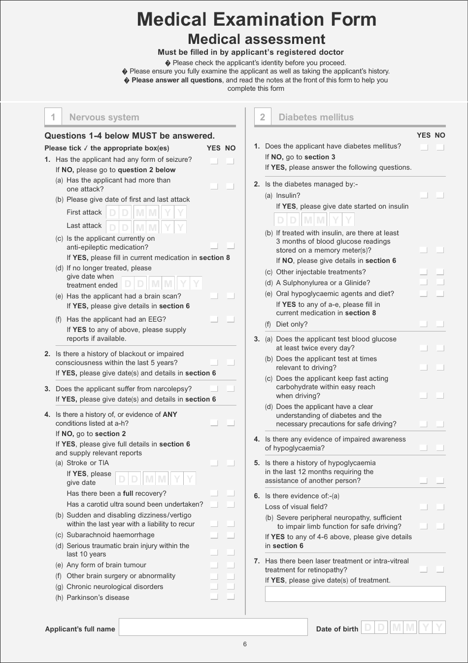 Application for a Licence to Drive Hackney Carriages or Private Hire Vehicles - Medical Examination Form - City of Leicester, Leicestershire, United Kingdom, Page 6