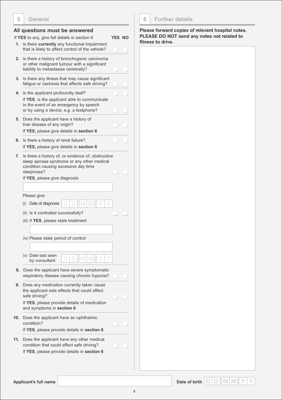 Application for a Licence to Drive Hackney Carriages or Private Hire Vehicles - Medical Examination Form - City of Leicester, Leicestershire, United Kingdom, Page 9