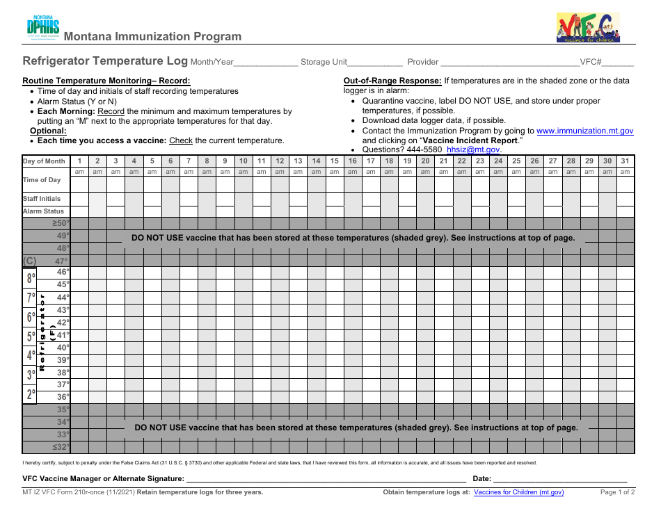 MT IZ VFC Form 210R Refrigerator Temperature Log - Montana, Page 1