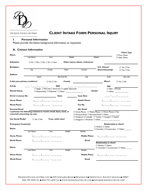 Law Firm Client Intake Form: Personal Injury - Dickson Davis Law Firm Download Pdf