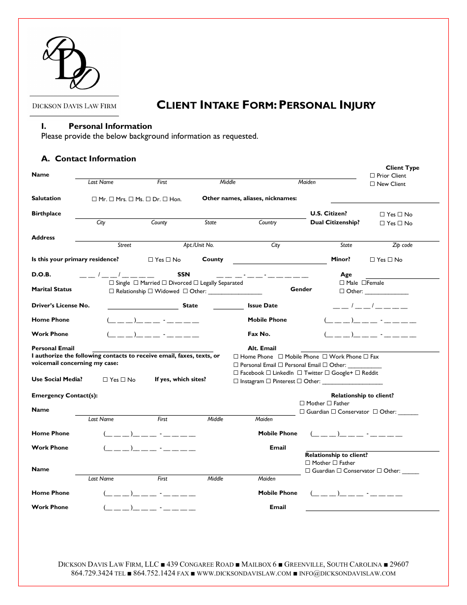 Law Firm Client Intake Form: Personal Injury - Dickson Davis Law Firm, Page 1