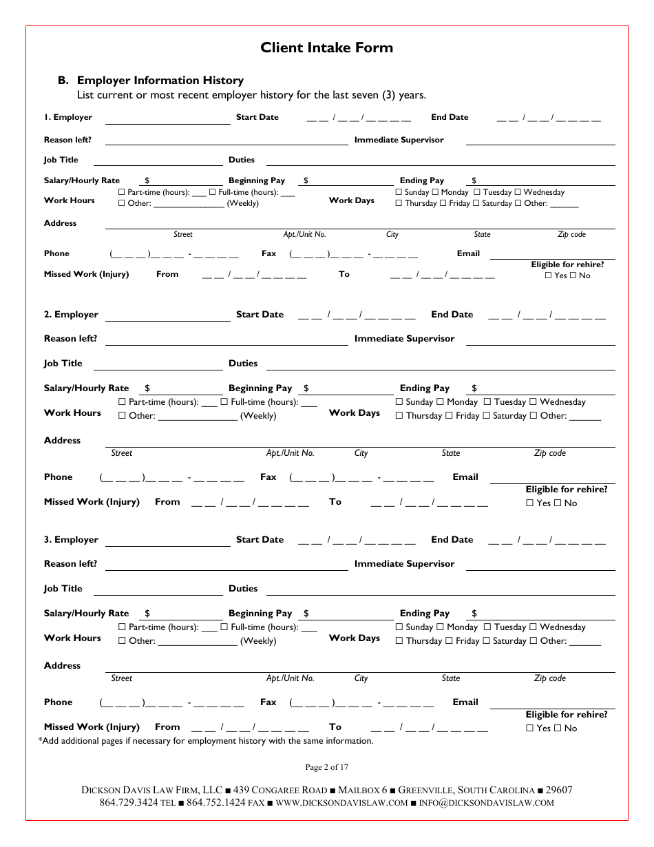 Law Firm Client Intake Form: Personal Injury - Dickson Davis Law Firm, Page 2