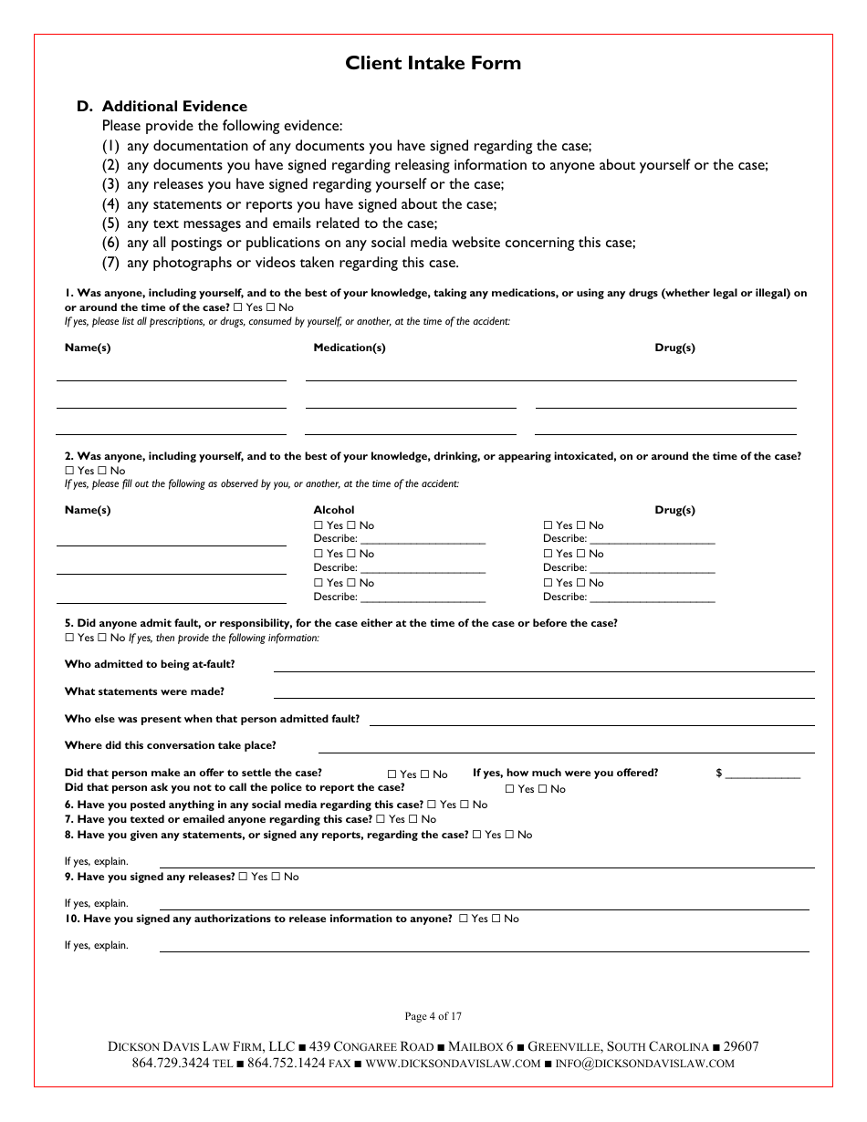 Law Firm Client Intake Form: Personal Injury - Dickson Davis Law Firm ...