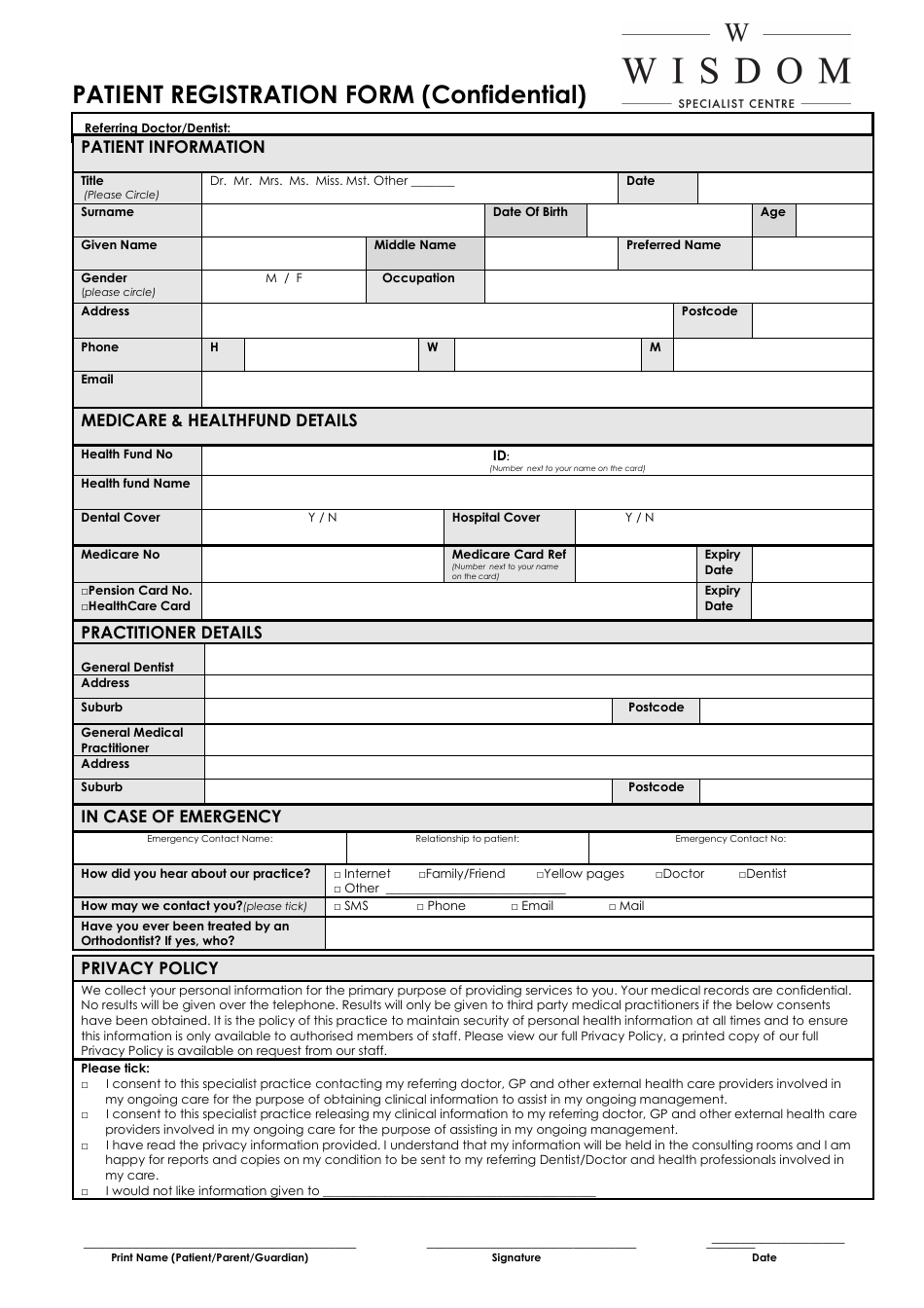 Patient Registration Form - Wisdom Specialist Care, Page 1