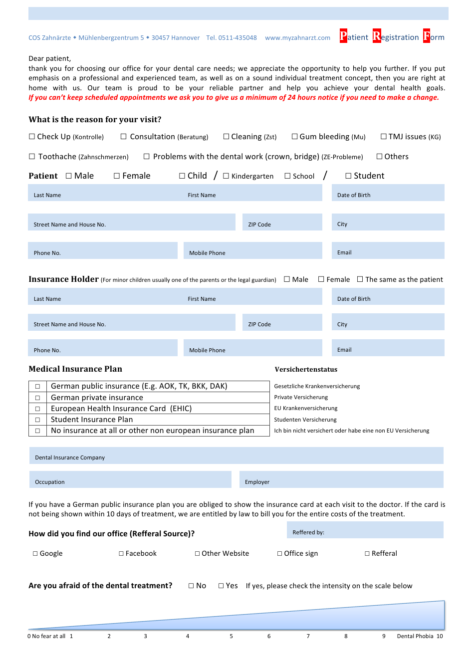 Patient Registration Form - Cos Zahnarzte (English / German), Page 1