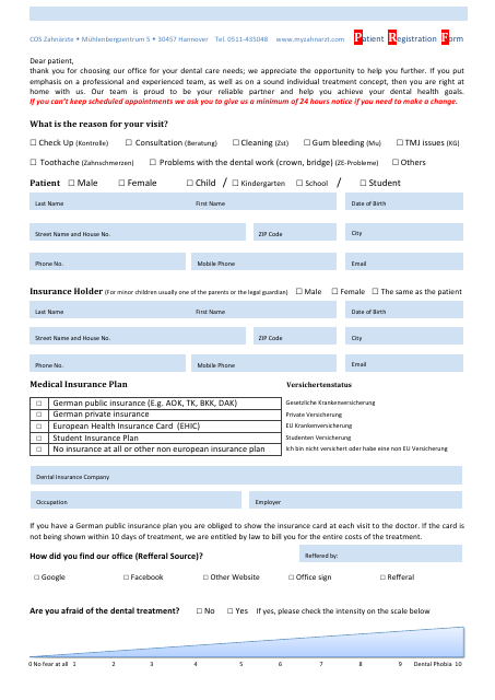 Patient Registration Form - Cos Zahnarzte (English / German) Download Pdf