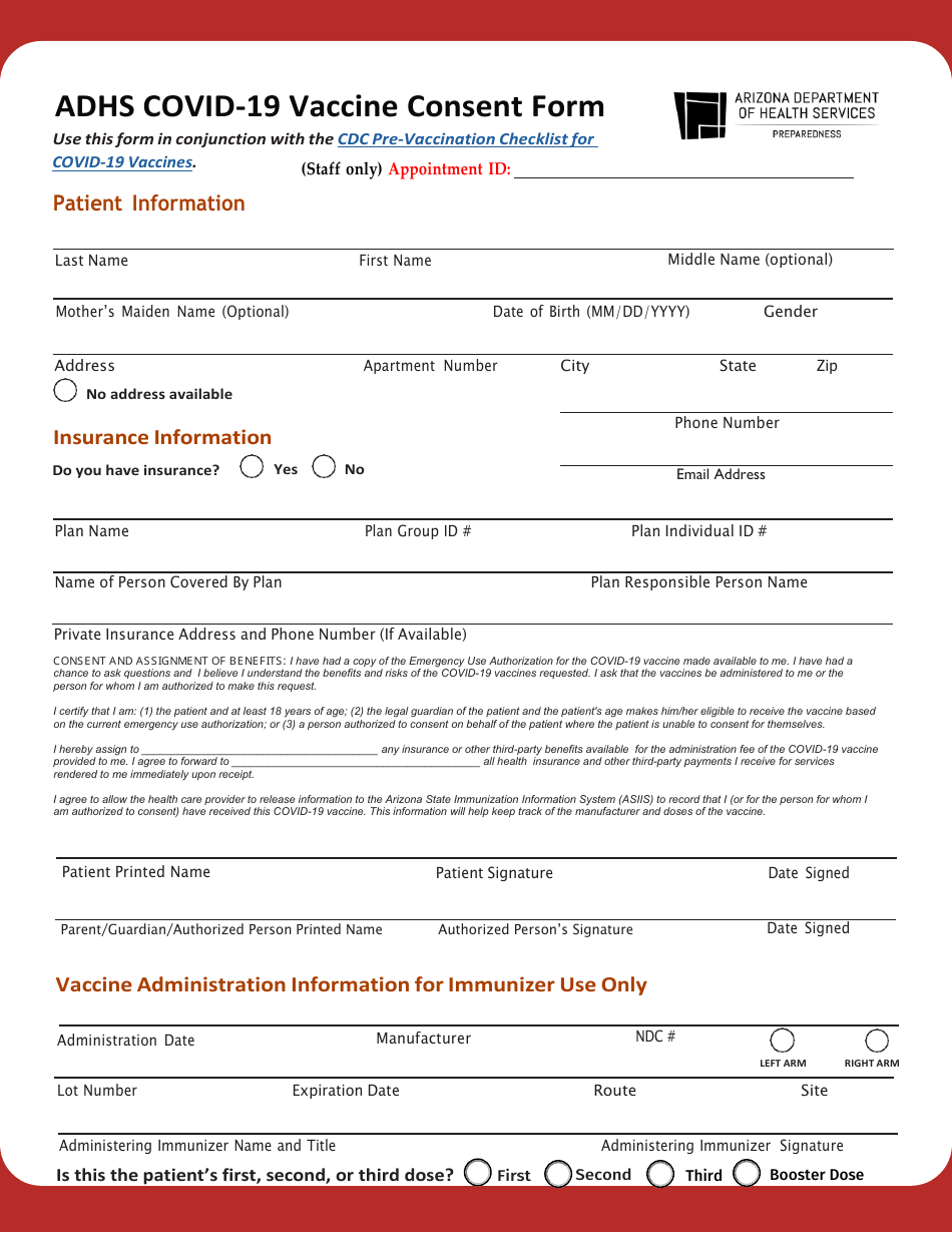 Covid-19 Vaccine Consent Form - Arizona, Page 1