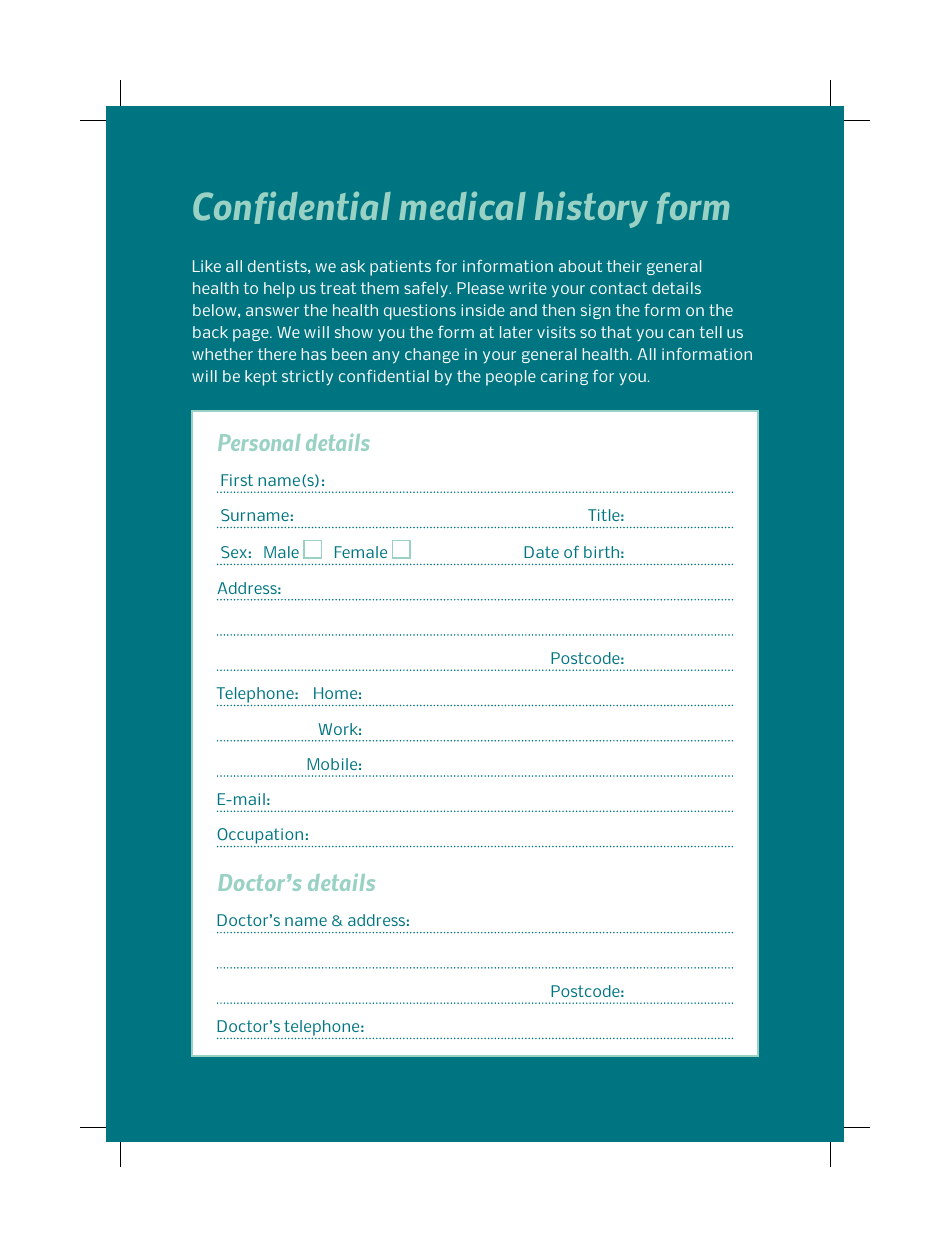 Confidential Medical History Form - High Street Dental, Page 1