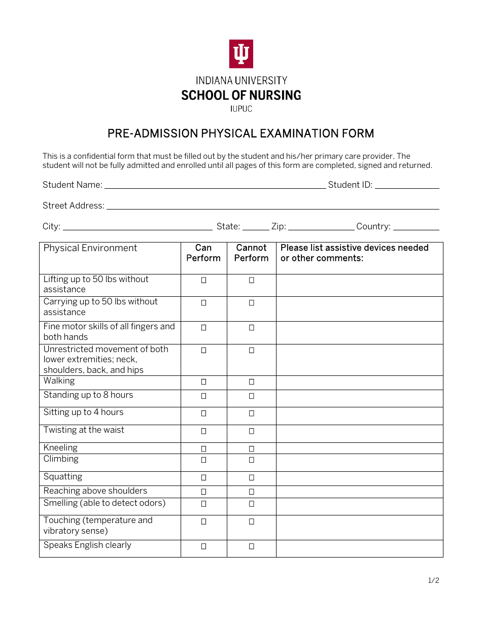 Pre Admission Physical Examination Form Iupuc Fill Out Sign Online And Download Pdf 0219