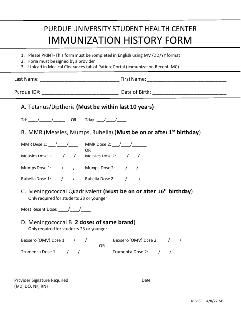 Immunization History Form - Purdue University Student Health Center Download Pdf