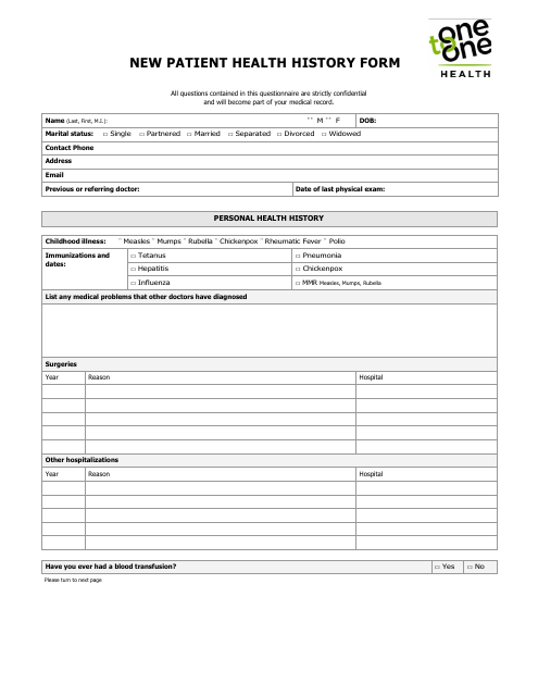 New Patient Health History Form - One to One Health Download Pdf