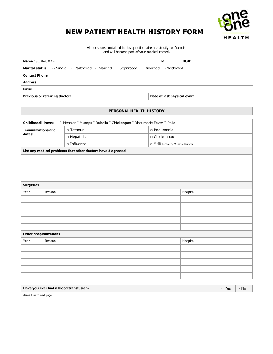 New Patient Health History Form - One to One Health, Page 1