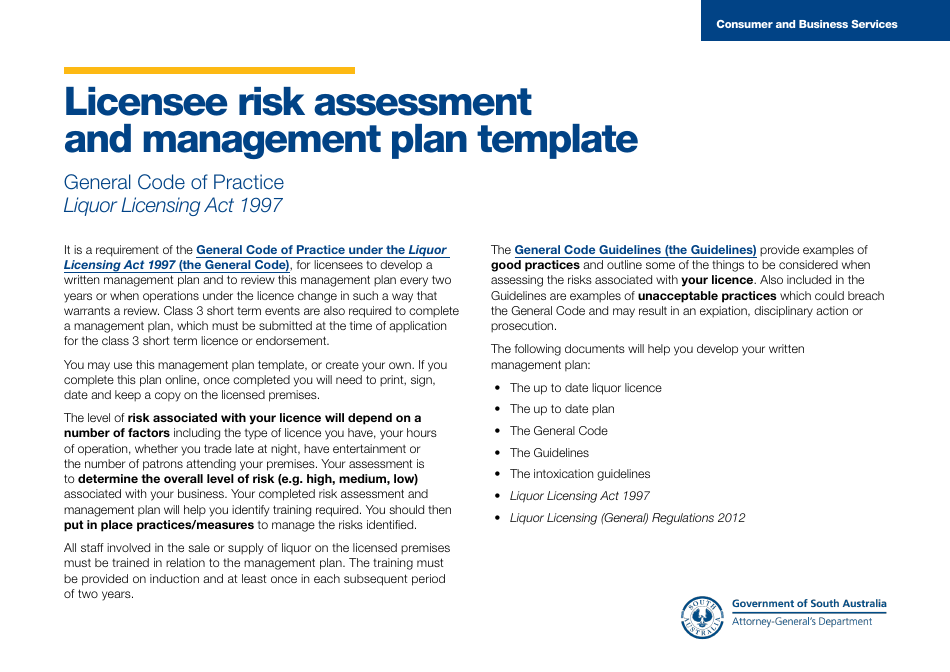 Form J001567 Licensee Risk Assessment and Management Plan Template - South Australia, Australia, Page 1