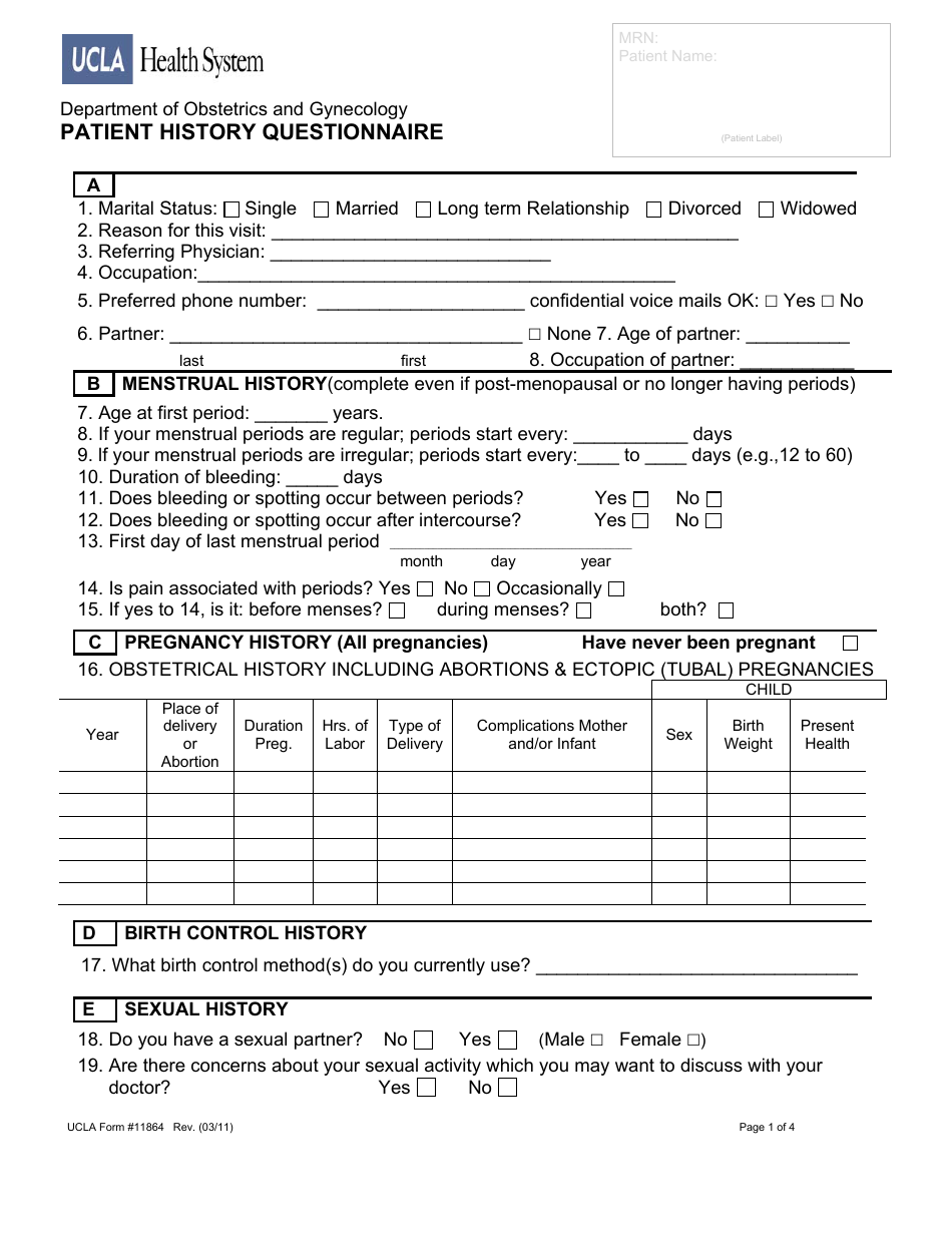 Patient History Questionnaire - Ucla Health System
