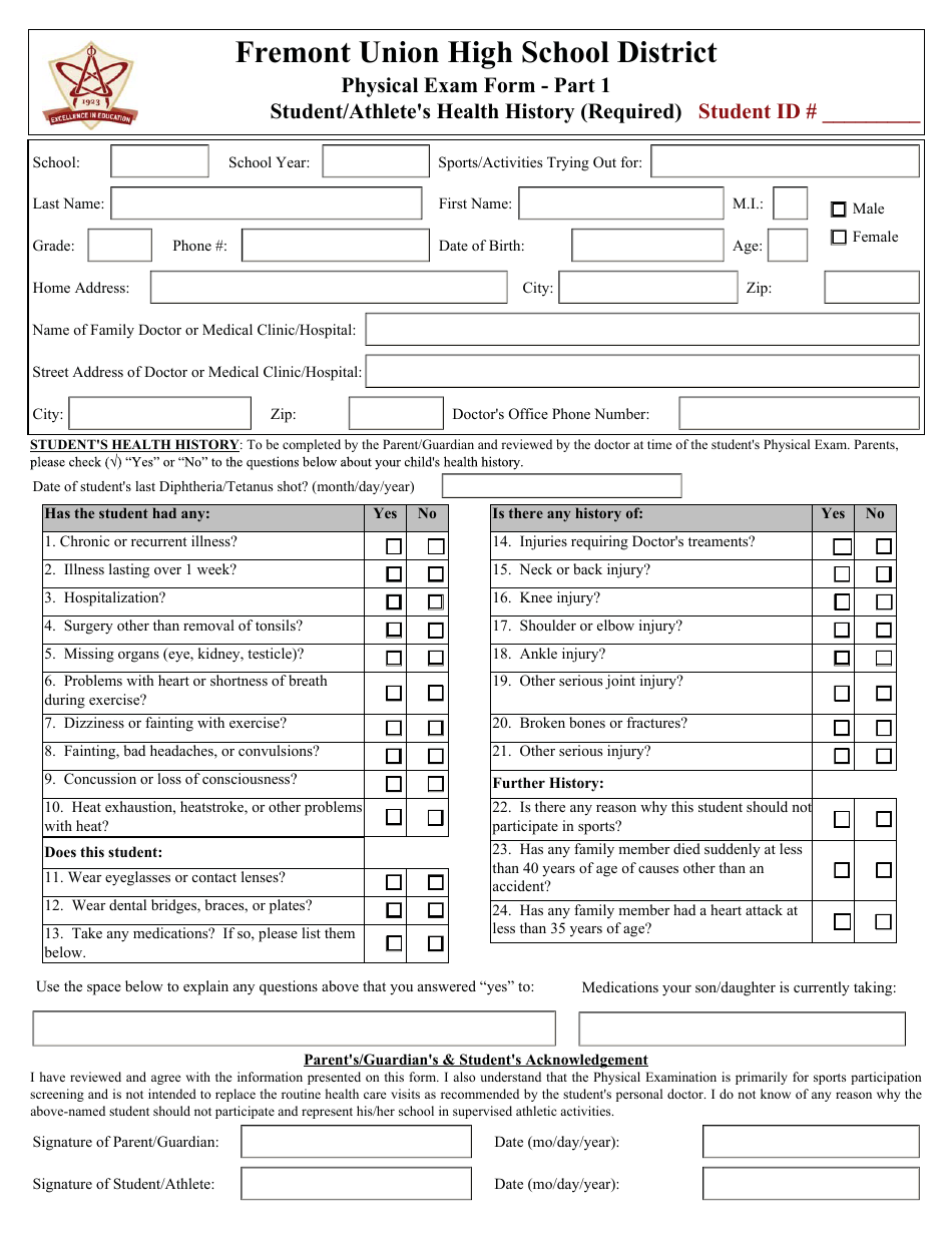 Student / Athletes Physical Exam Form - Fremont Union High School District, Page 1