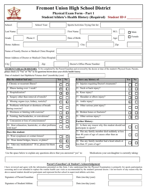 Student / Athlete's Physical Exam Form - Fremont Union High School District Download Pdf