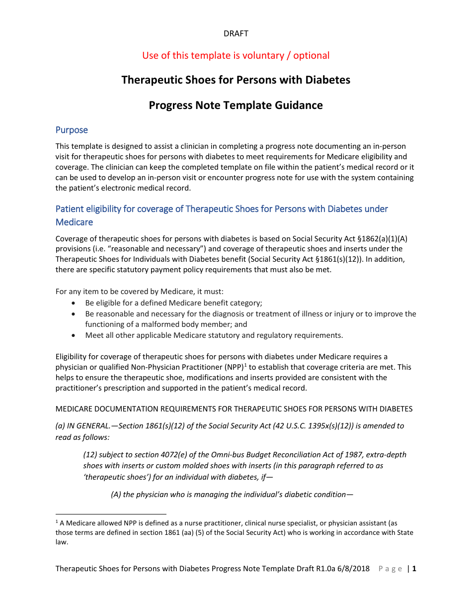 Therapeutic Shoes for Persons With Diabetes Progress Note Template, Page 1