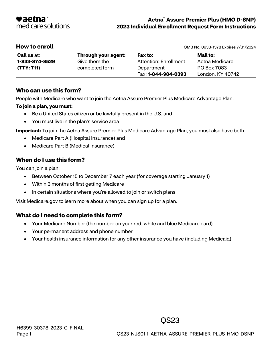 2023 Aetna Assure Premier Plus Plan HMO D Snp Individual Enrollment   Aetna Assure Premier Plus Plan Hmo D Snp Individual Enrollment Request Form Print Big 