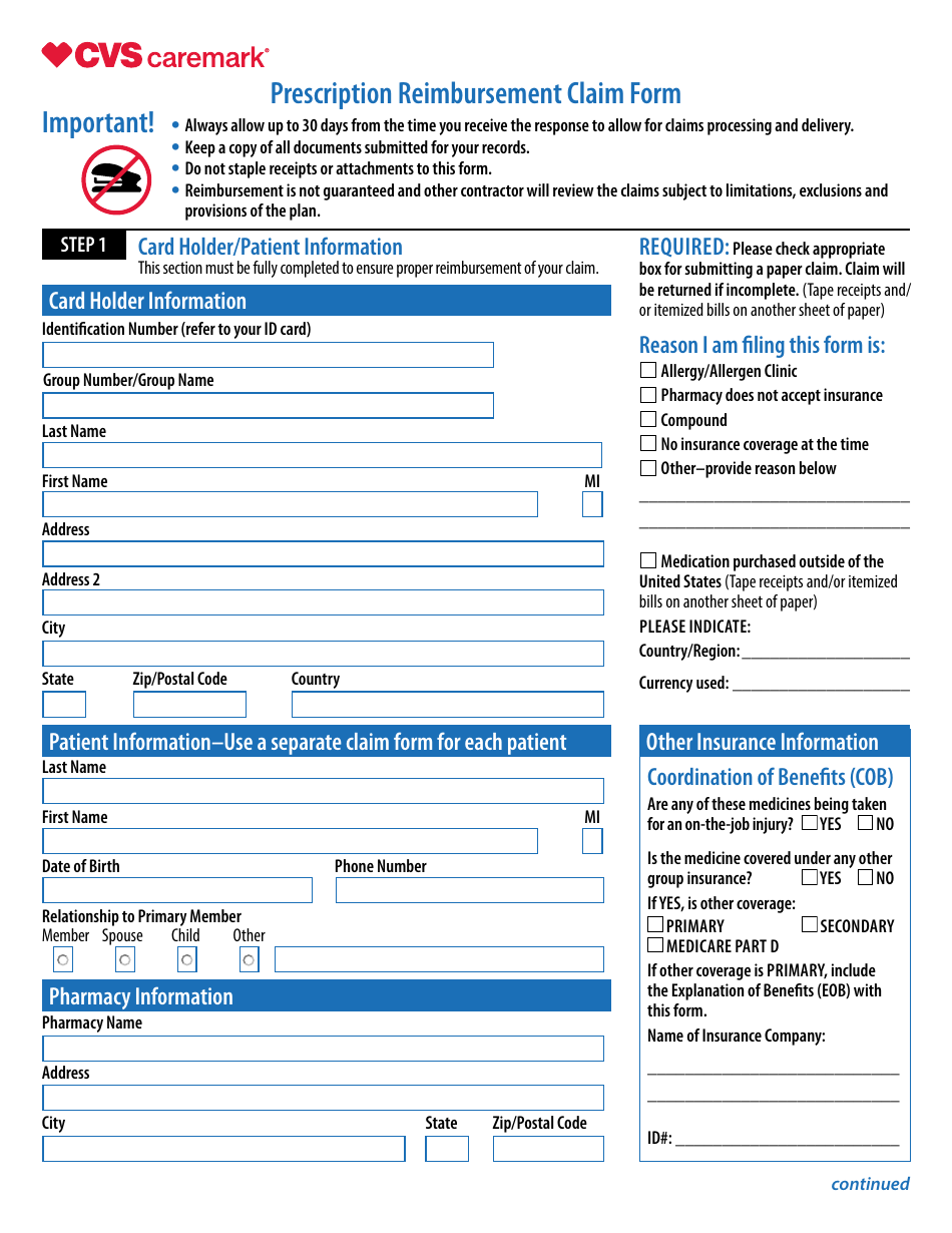 Prescription Reimbursement Claim Form, Page 1