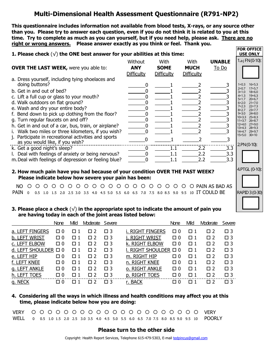 Multi-Dimensional Health Assessment Questionnaire (R791-np2) - Health Report Services, Page 1
