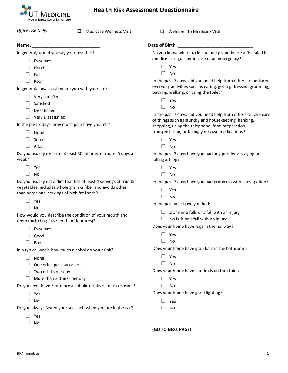 Health Risk Assessment Questionnaire - Ut Medicine Document