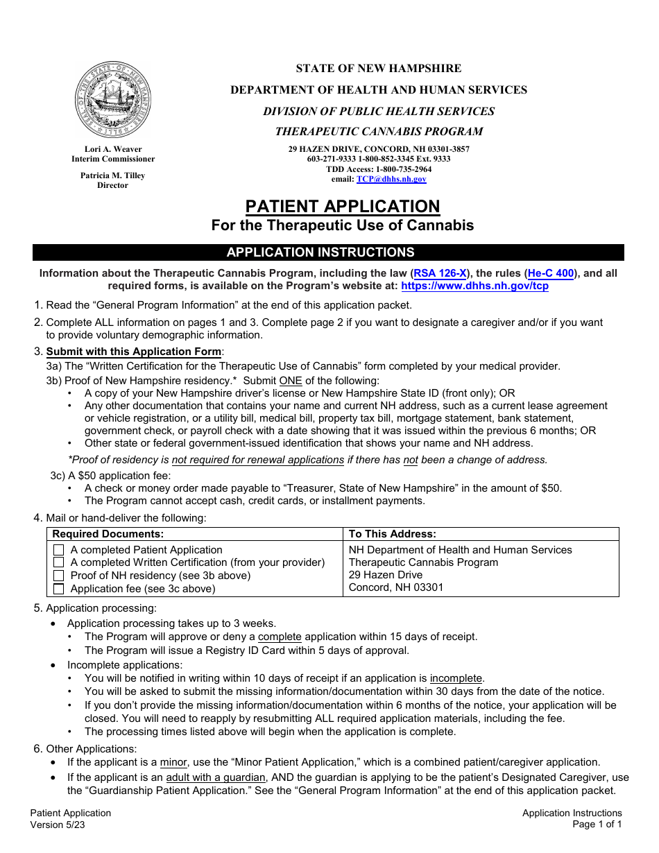 Patient Application for the Therapeutic Use of Cannabis - New Hampshire, Page 1