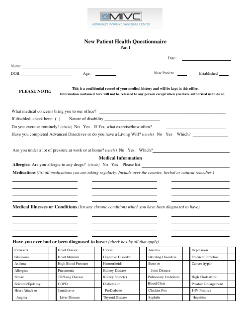 Preview image of the New Patient Health Questionnaire form titled "Mivc