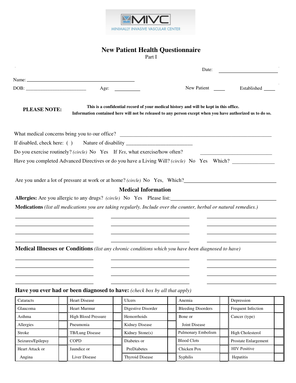 Preview image of the New Patient Health Questionnaire form titled "Mivc