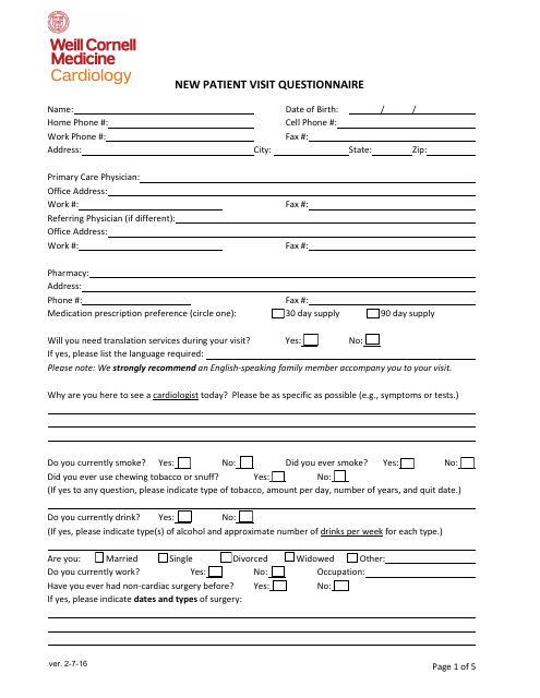 New Patient Visit Questionnaire - Cardiology at Weill Cornell Medicine