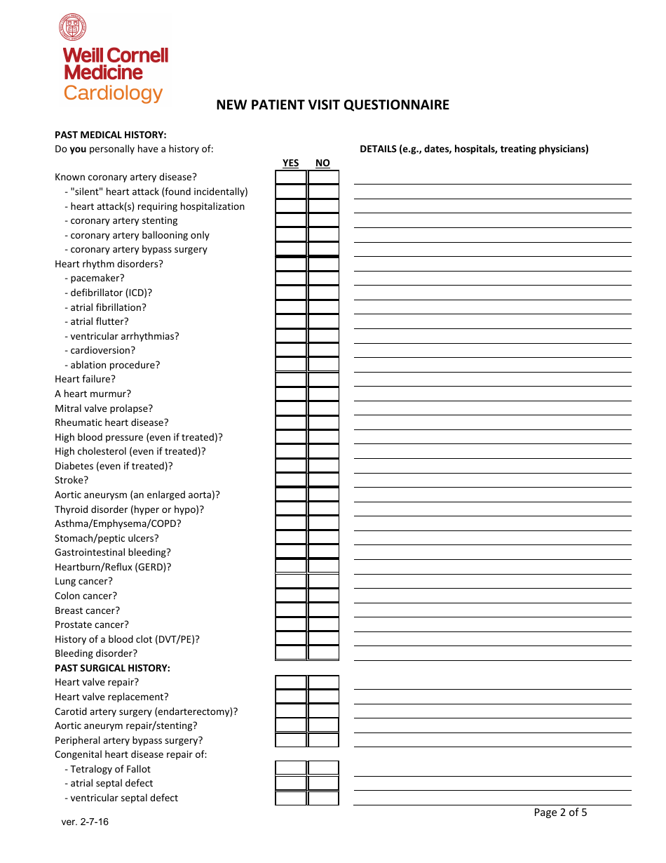 New Patient Visit Questionnaire: Cardiology - Weill Cornell Medicine, Page 2