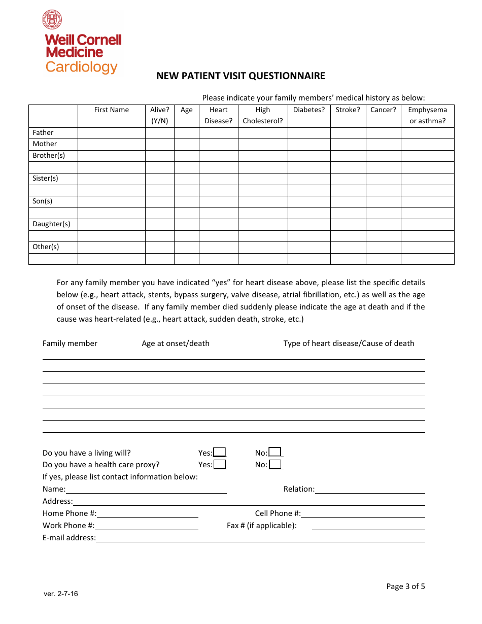 New Patient Visit Questionnaire: Cardiology - Weill Cornell Medicine, Page 3