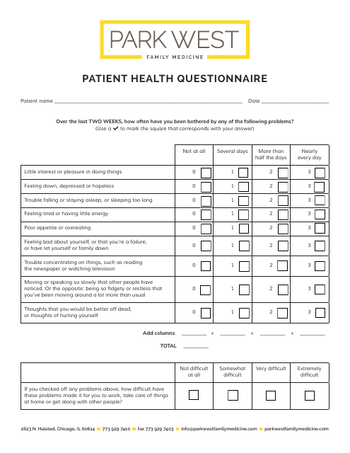Patient Health Questionnaire - Park West Family Medicine