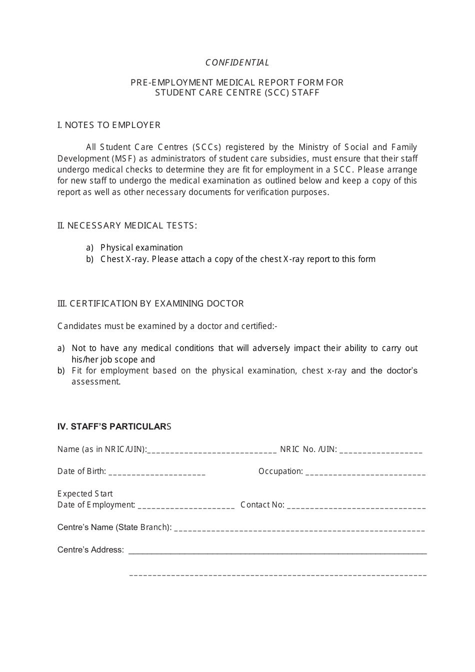 Pre-employment Medical Report Form for Student Care Centre (Scc) Staff - Singapore, Page 1