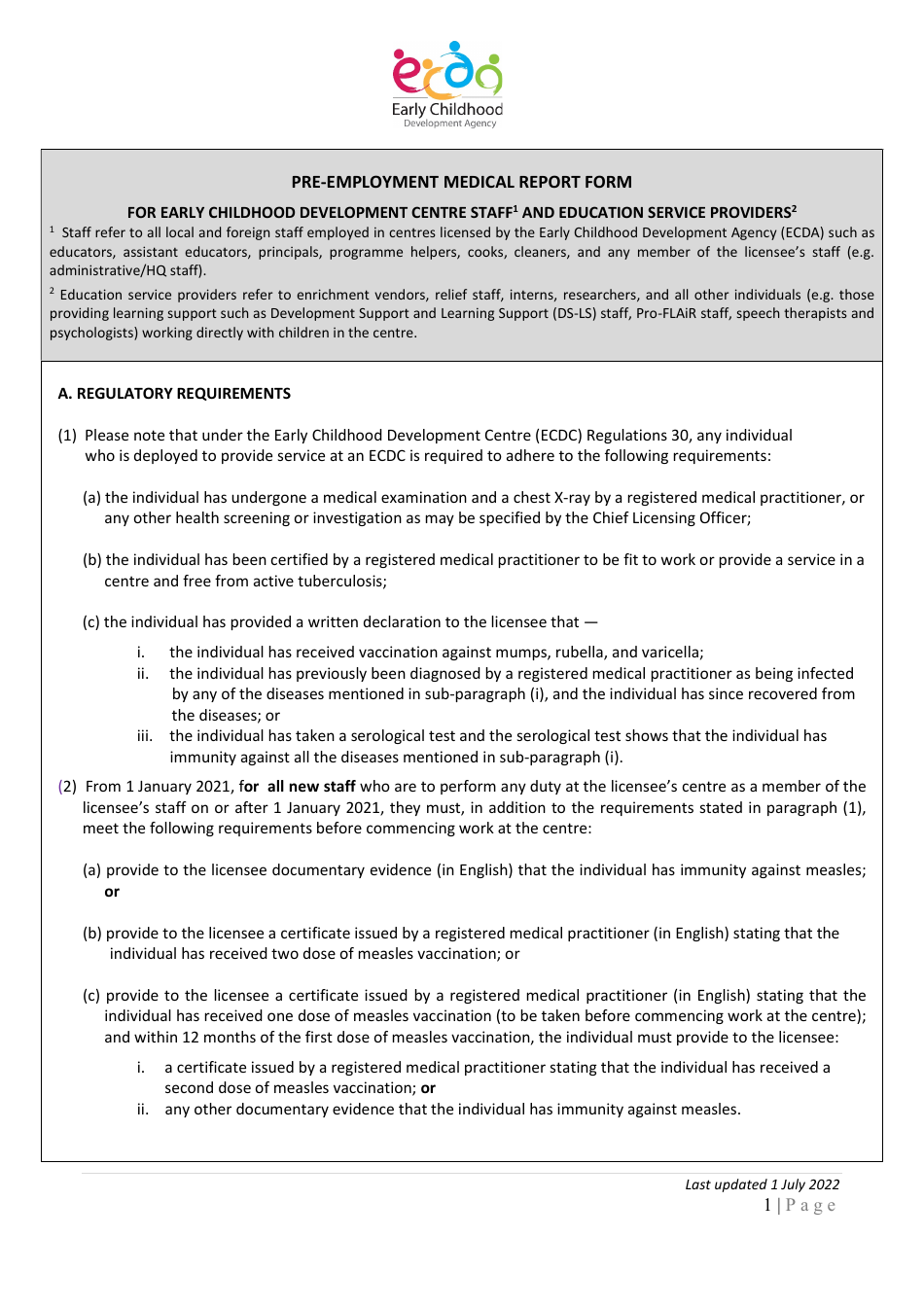 Pre-employment Medical Report Form for Early Childhood Development Centre Staff and Education Service Providers - Singapore, Page 1