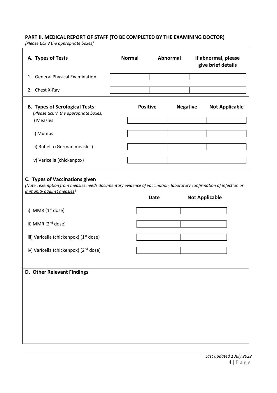 Pre-employment Medical Report Form for Early Childhood Development Centre Staff and Education Service Providers - Singapore, Page 4
