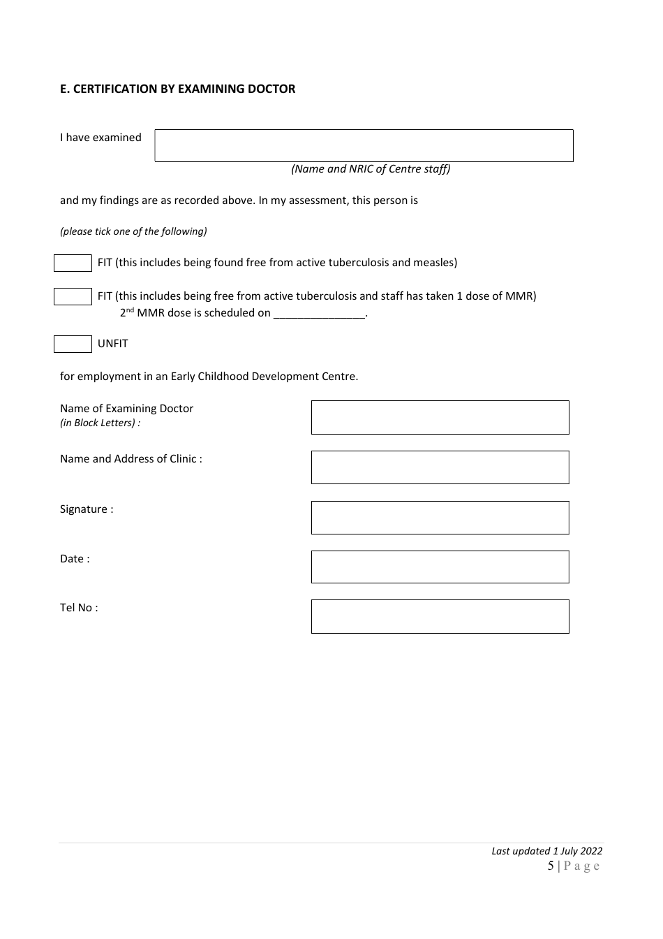 Pre-employment Medical Report Form for Early Childhood Development Centre Staff and Education Service Providers - Singapore, Page 5