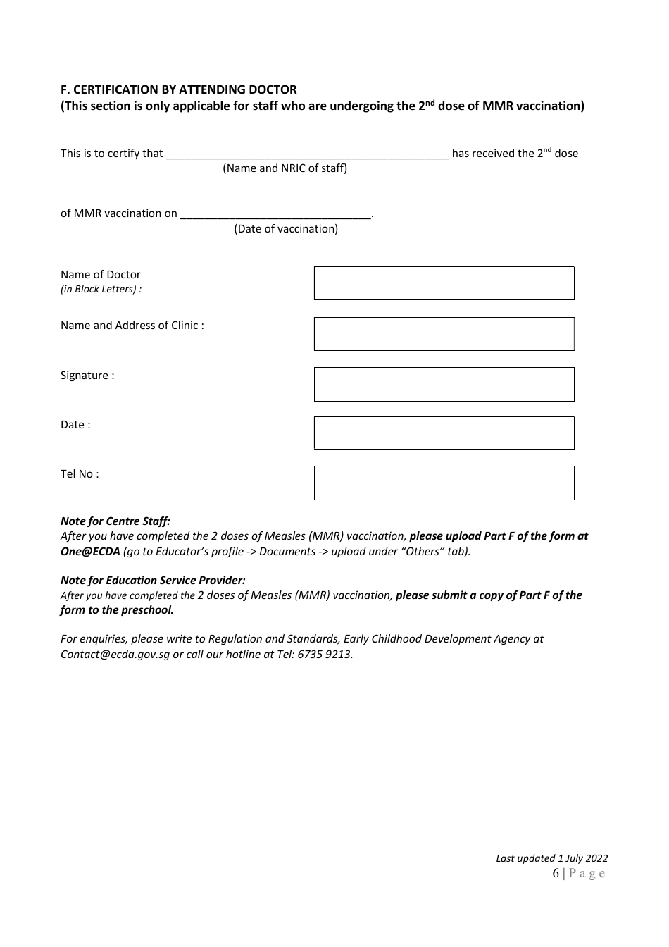 Pre-employment Medical Report Form for Early Childhood Development Centre Staff and Education Service Providers - Singapore, Page 6
