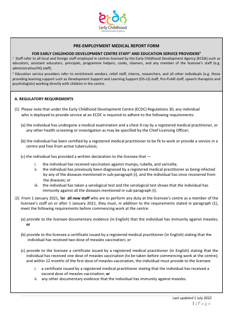 Pre-employment Medical Report Form for Early Childhood Development Centre Staff and Education Service Providers - Singapore