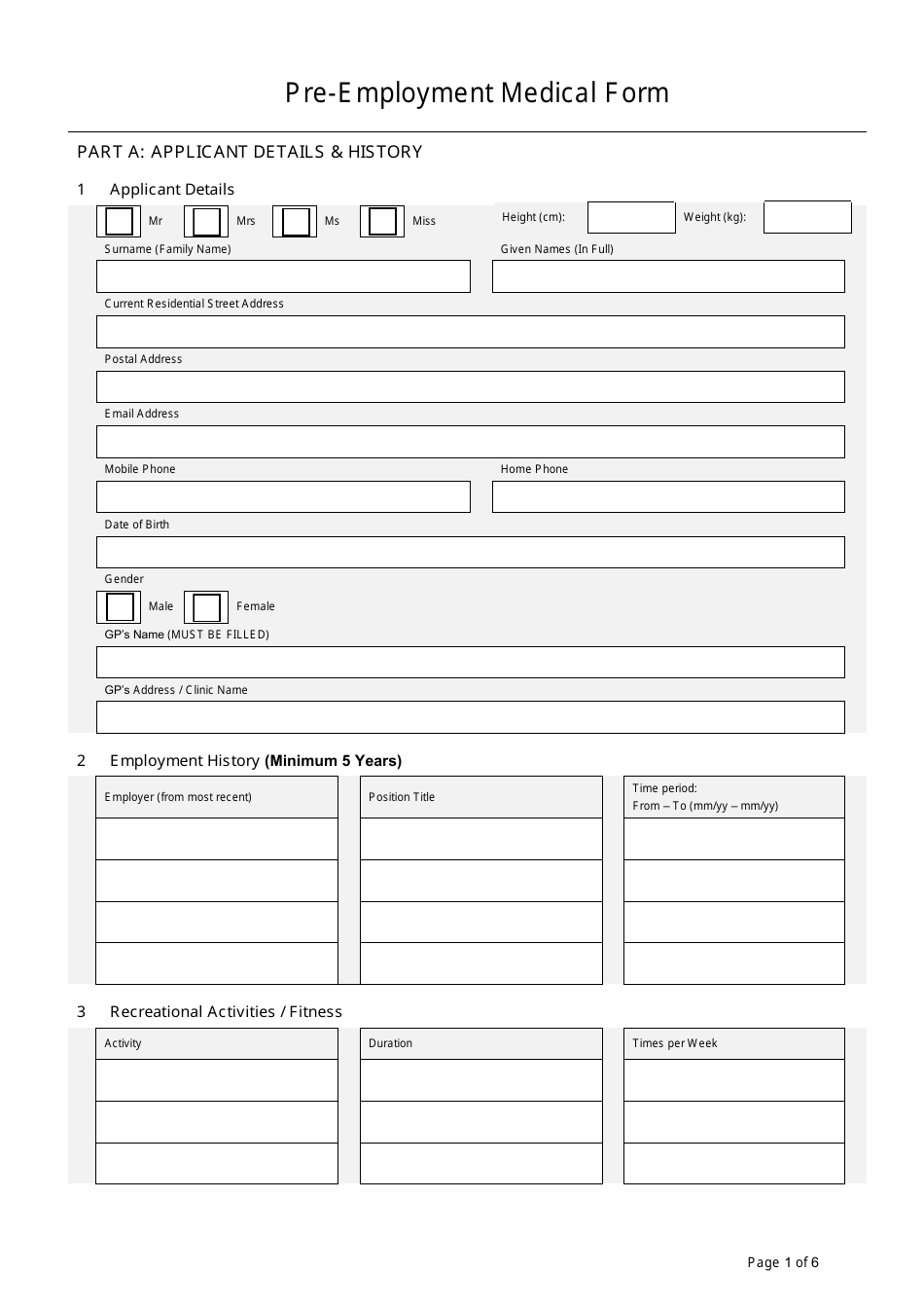 Pre-employment Medical Form, Page 1