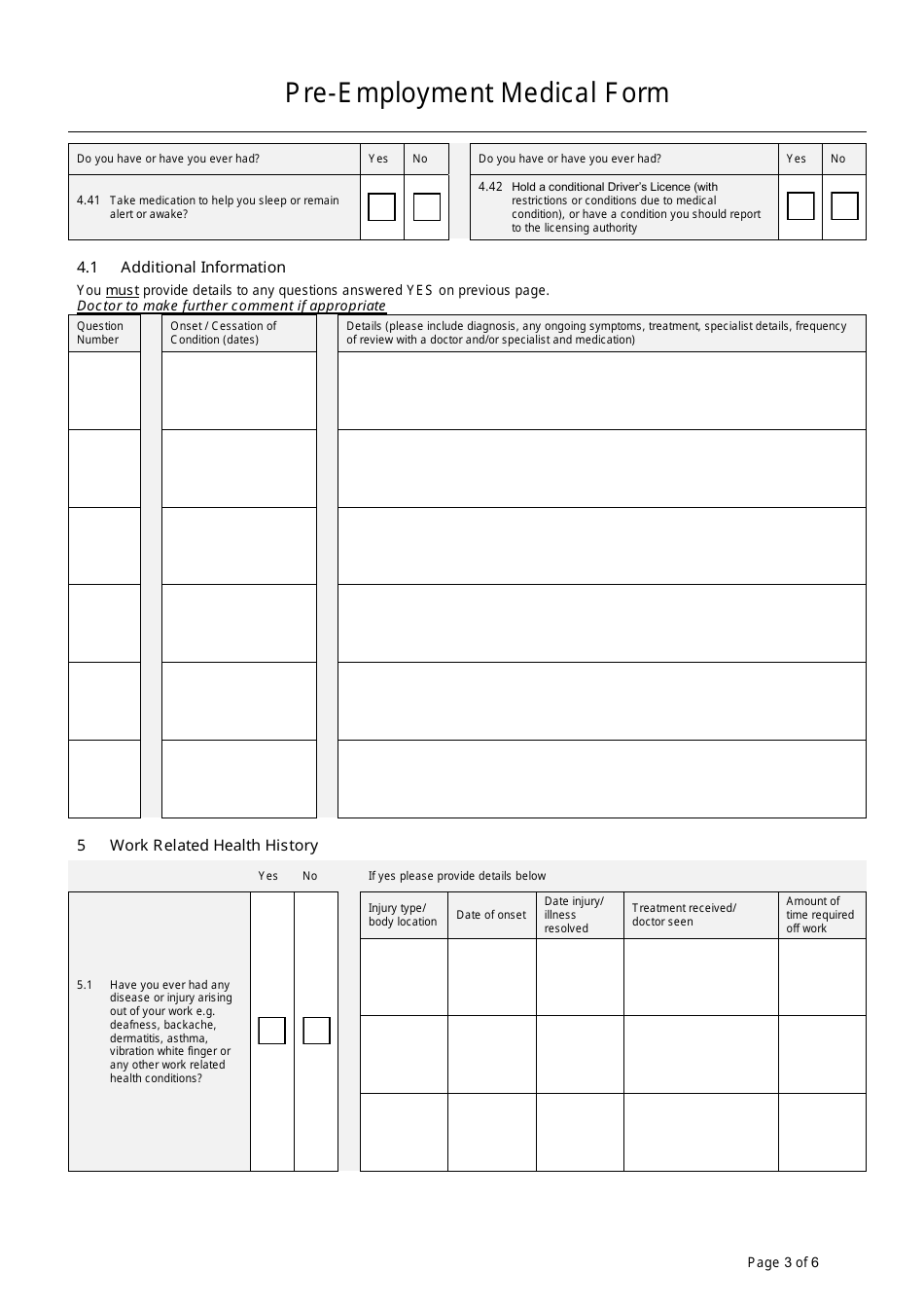 Pre-employment Medical Form, Page 3