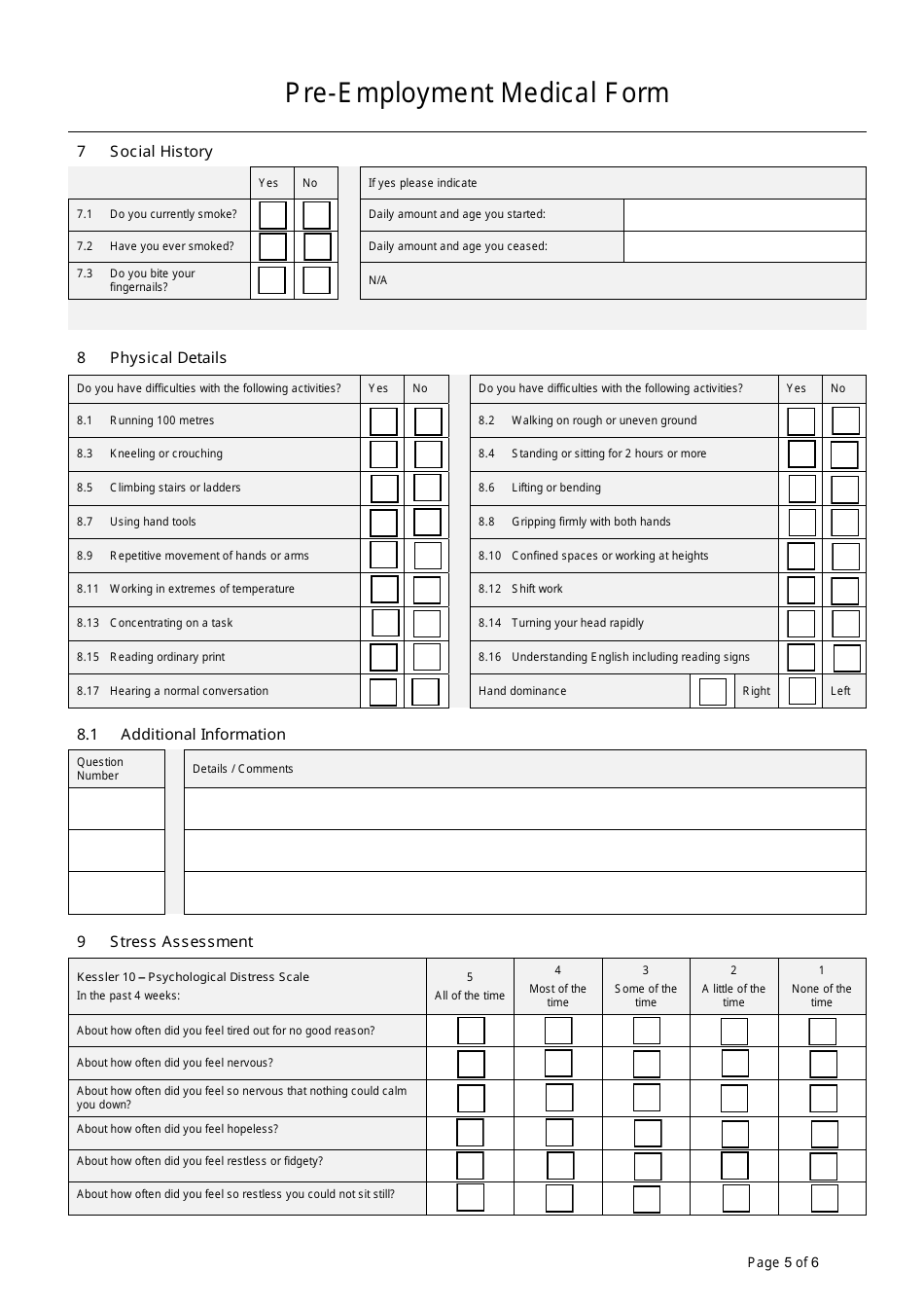 Pre-employment Medical Form, Page 5