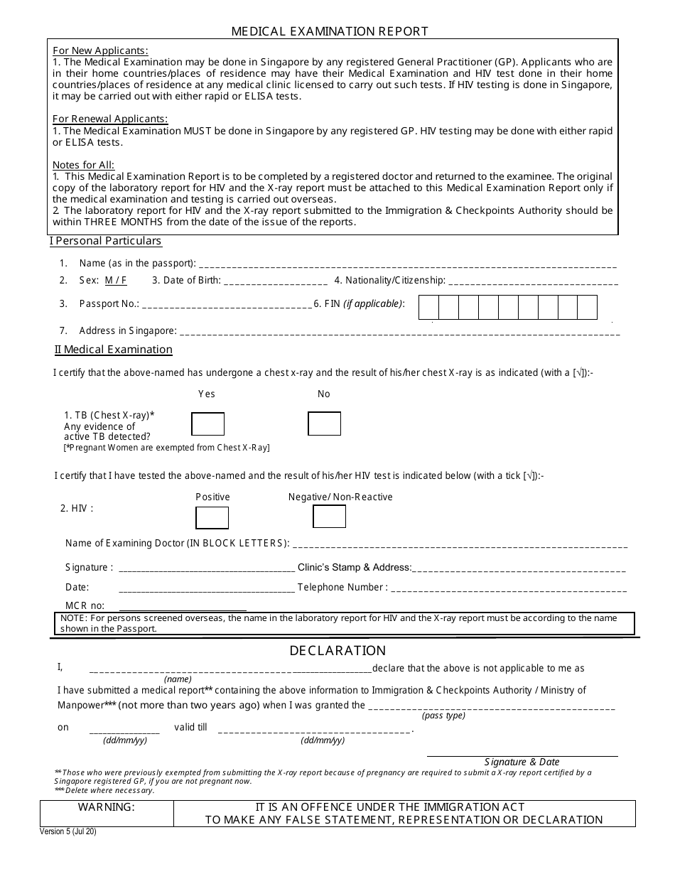 Singapore Medical Examination Report And Declaration Fill Out Sign