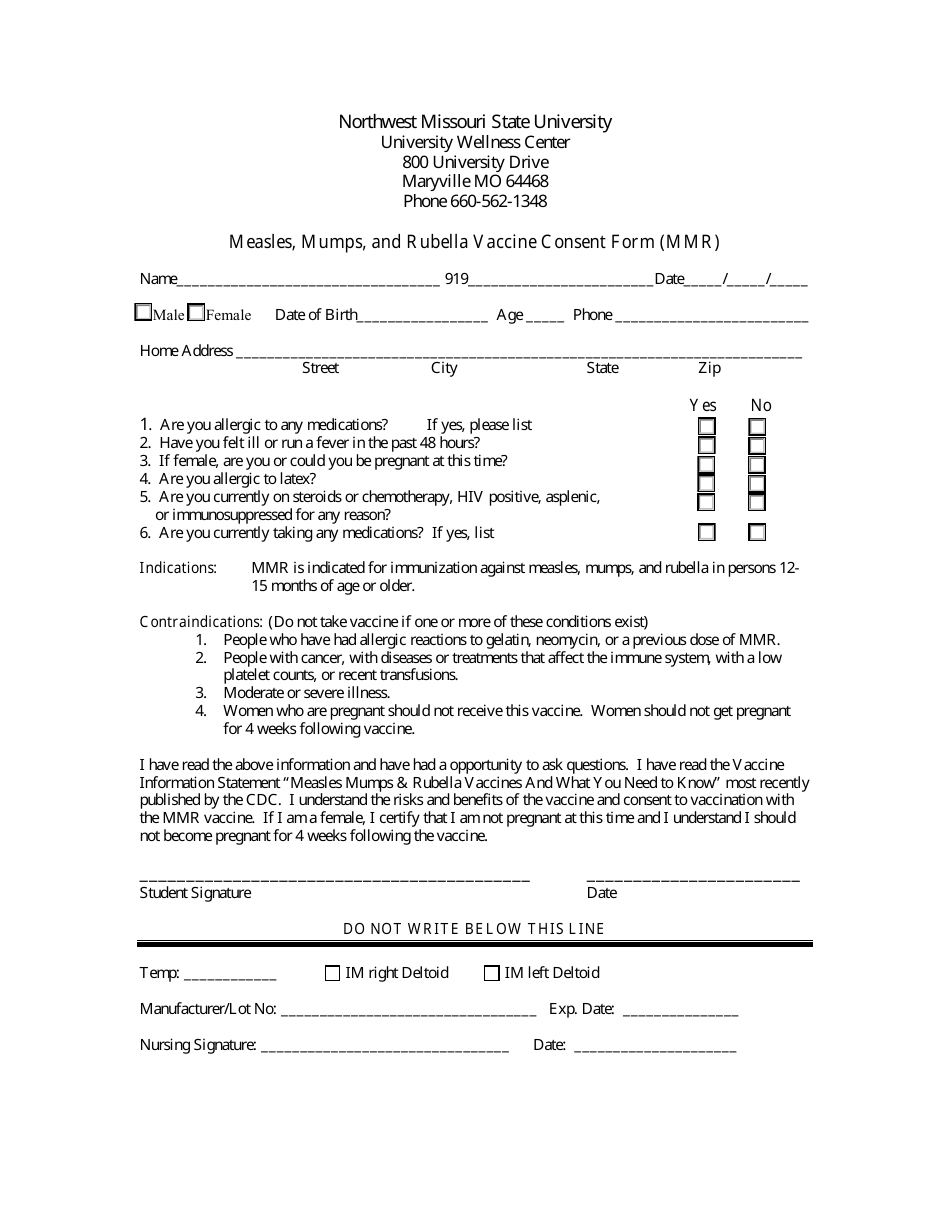 Measles, Mumps, and Rubella Vaccine Consent Form (Mmr) - Northwest Missouri State University, Page 1