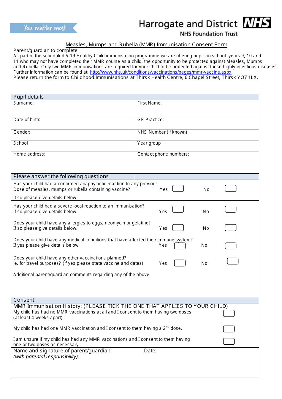 Measles, Mumps and Rubella (Mmr) Immunisation Consent Form - United Kingdom, Page 1