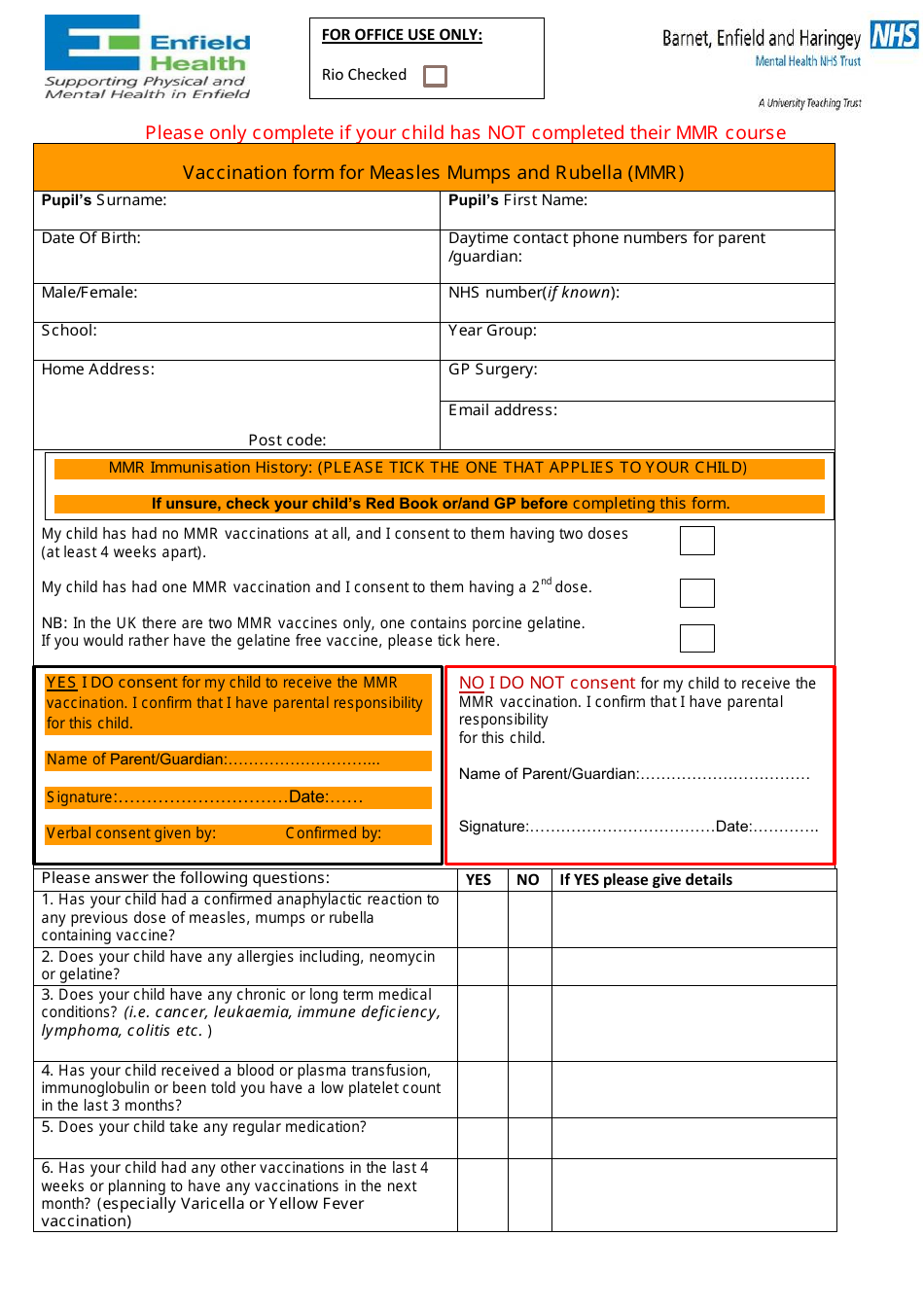 Vaccination Form for Measles Mumps and Rubella (Mmr) - United Kingdom, Page 1