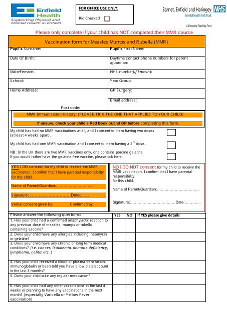 Vaccination Form for Measles Mumps and Rubella (Mmr) - United Kingdom Download Pdf