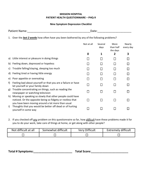 Patient Health Questionnaire (Phq-9) - Mission Hospital