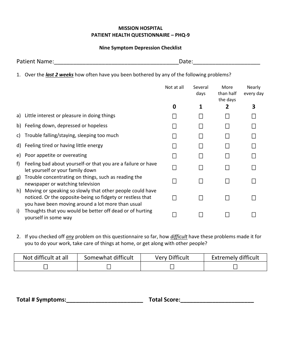 Patient Health Questionnaire (Phq-9) - Mission Hospital Download ...