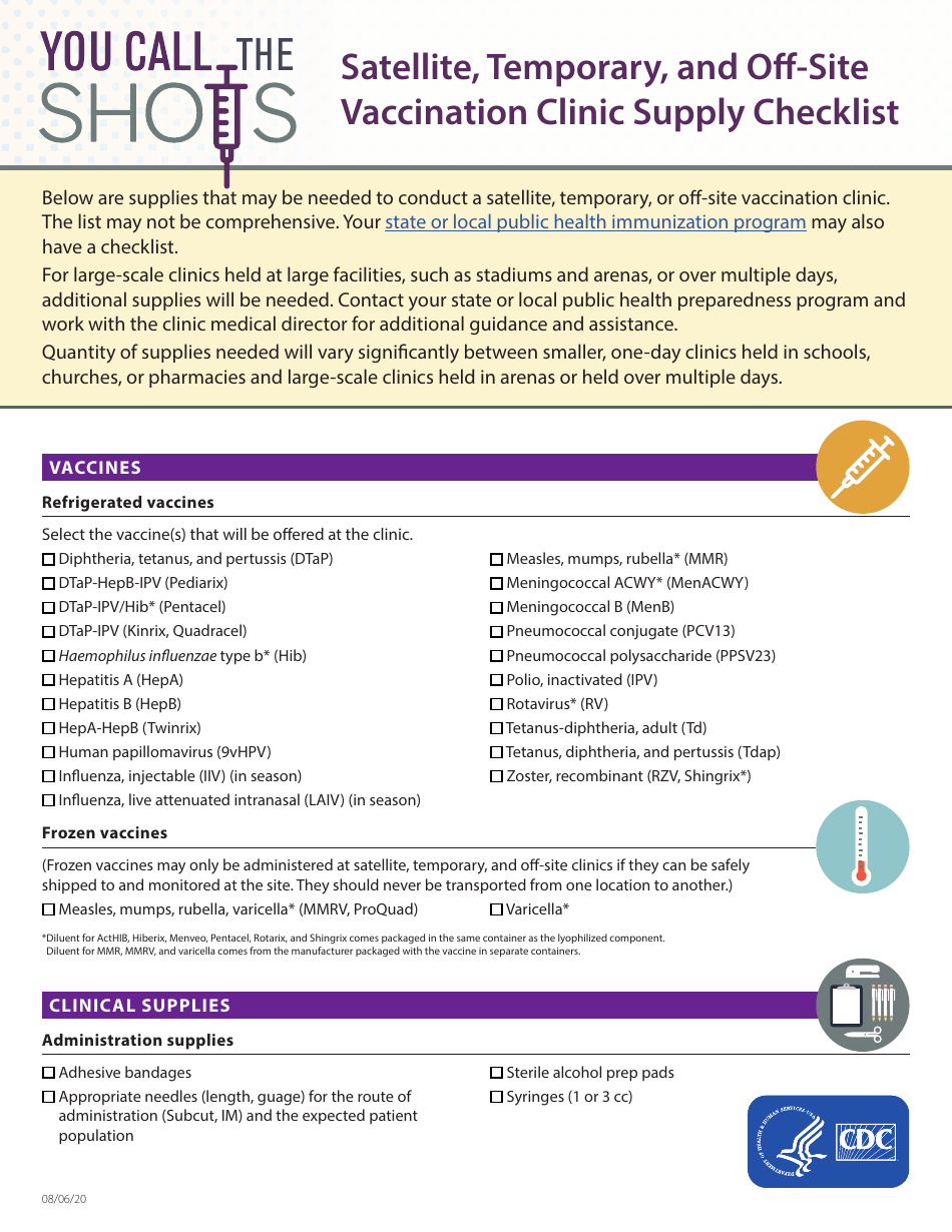 Satellite, Temporary, and off-Site Vaccination Clinic Supply Checklist, Page 1