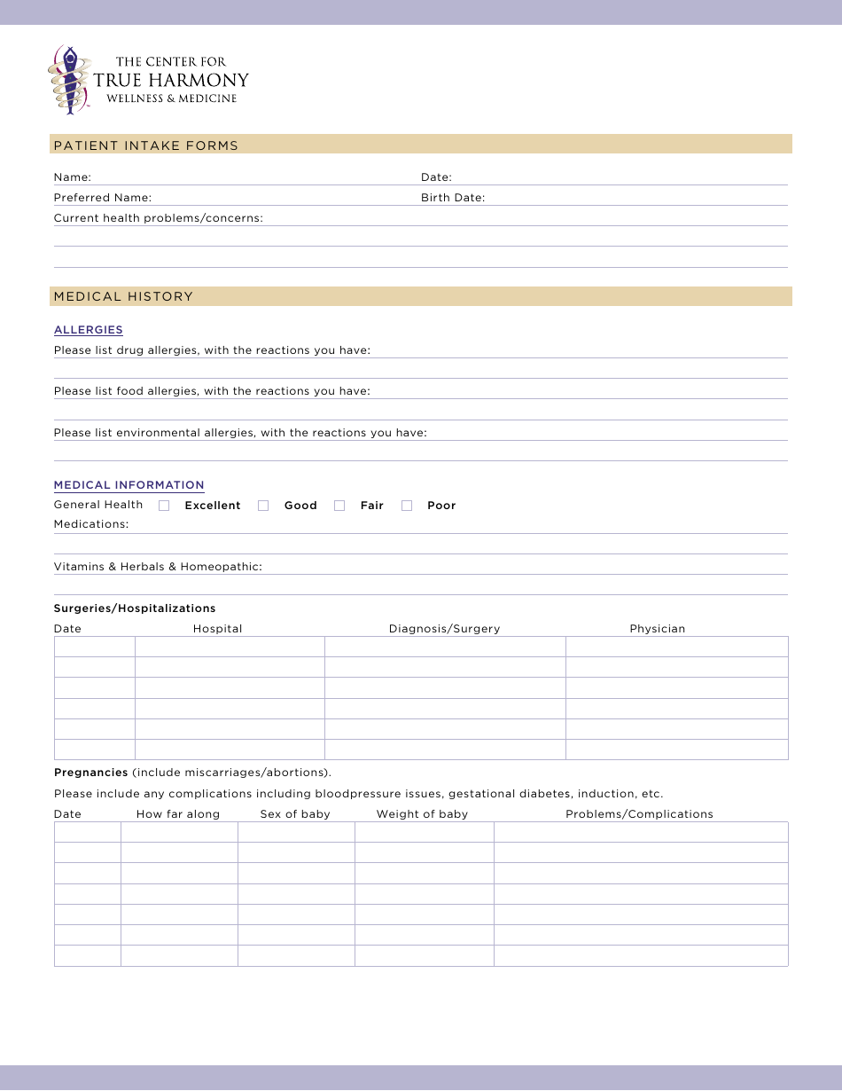 Patient Intake Form - True Harmony, Page 1